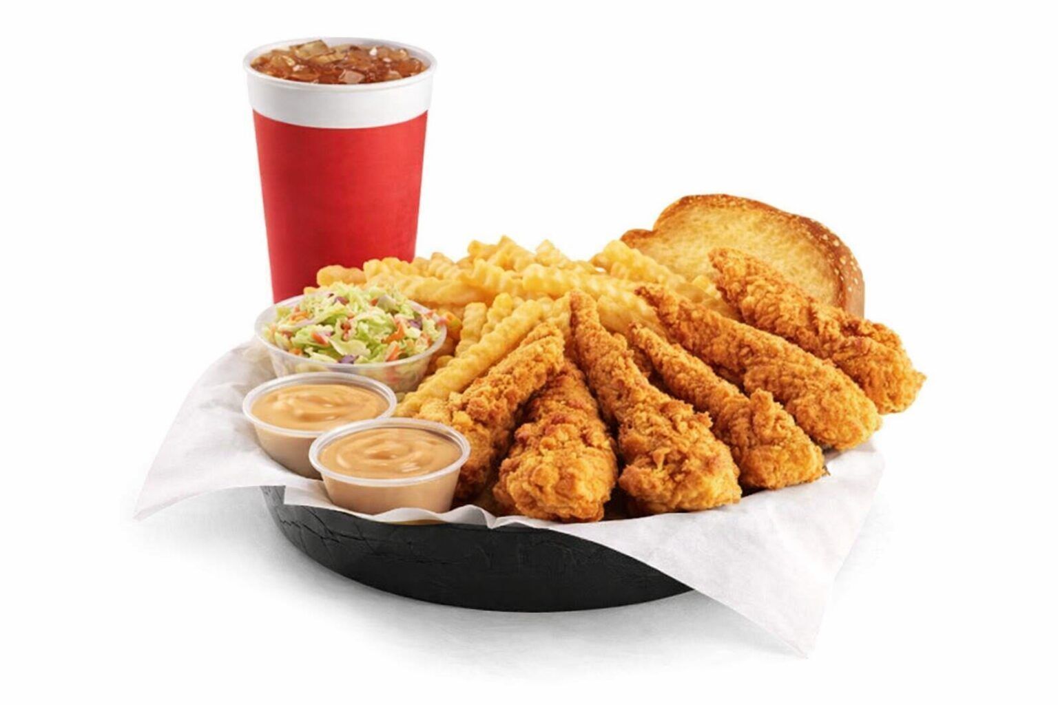 Chicken finger combo with fries, toast, sauce and drink